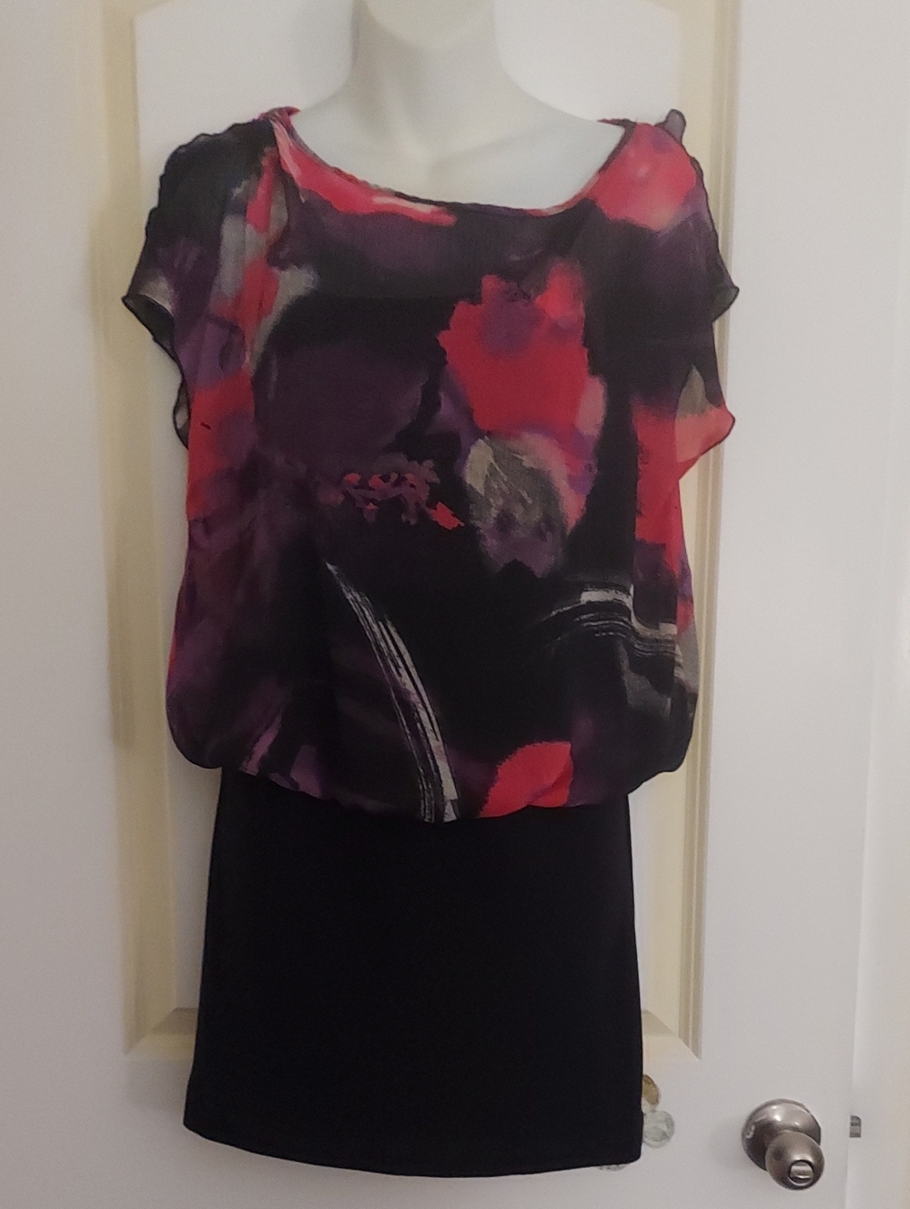 Rampage Black Dress with Red and Purple Watercolor Floral Print